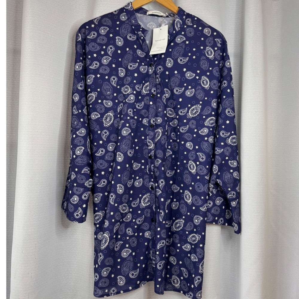 Soolinen Blue Paisley Print Button Down Long‎ Sleeve Top Dress Shirt 5XL